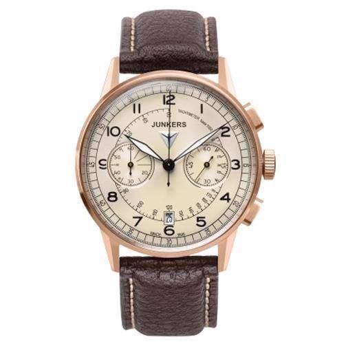 Image of 6972-1 Junkers G38 rosa forgyldt med chronograph<br> beige urskive og brun læderrem